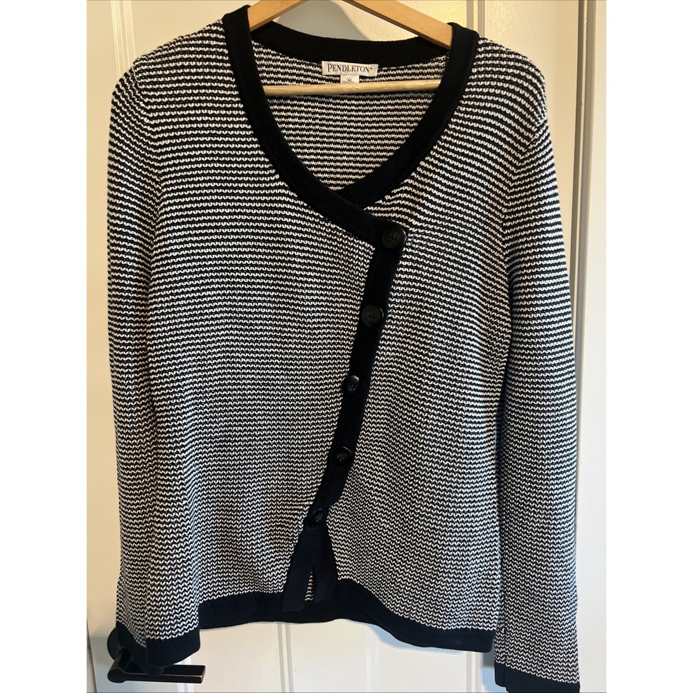 Pendleton Black White Knit Cotton‎ Asymmetric Buttons Cardigan Sz Medium Soft!